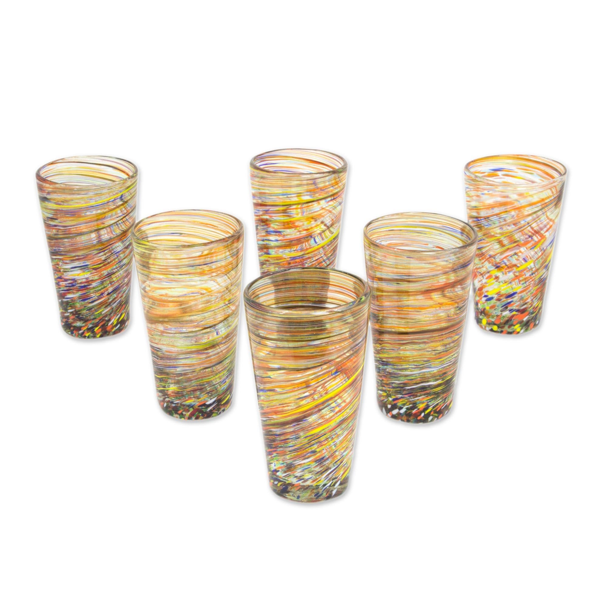 NOVICA Artisan Handmade Glass Highball Glasses Mexican Multicolor 13 Oz 6 Orange Mexico Tableware Drinkware Water Recycled Eco Friendly [6in H x 3.3in Diam. 13 Oz.] 'Rainbow Centrifuge' (Set of 6)