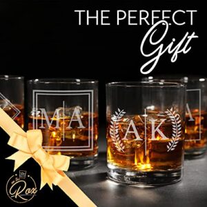 On The Rox Drinks Personalized Whiskey Gifts for Men - 11 oz Engraved Split Monogrammed Whiskey Glass Set of 4 - Customized Cocktail Glass - Bourbon, Scotch, Rocks, Brandy