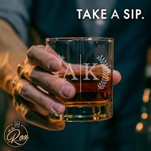 On The Rox Drinks Personalized Whiskey Gifts for Men - 11 oz Engraved Split Monogrammed Whiskey Glass Set of 4 - Customized Cocktail Glass - Bourbon, Scotch, Rocks, Brandy