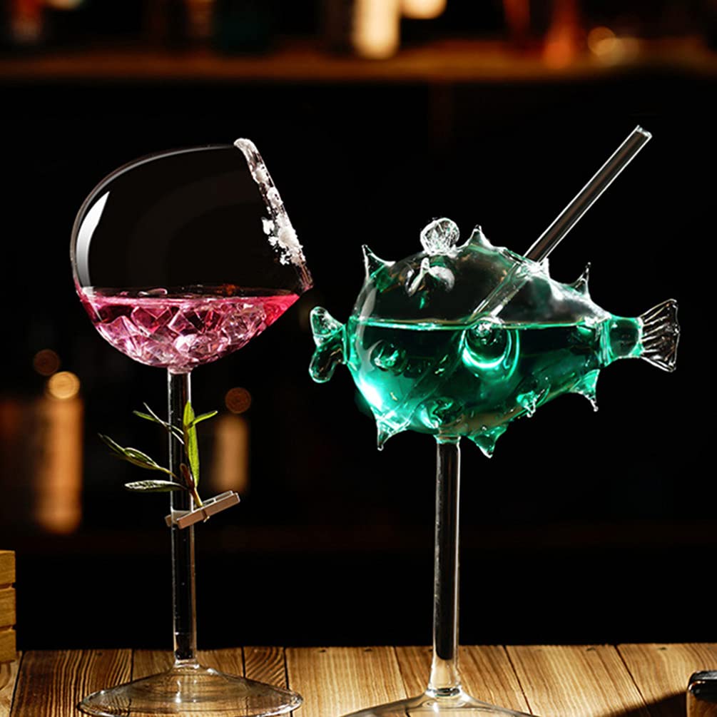 Operitacx Cocktail Cups Fish Wine Glass Funny Cocktail Glasses Globefish Shaped Martini Glasses Mojito Glass Cup for Home Wedding Party Bar Goblet Martini Glass