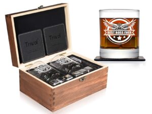 best boss ever whiskey glass stones gifts for boss, funny men's christmas birthday day gifts for boss supervisor office administrator mentor manager coach friends, bourbon scotch glass gift set