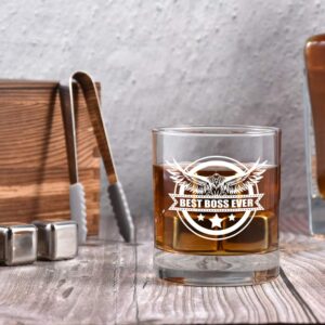 Best Boss Ever Whiskey Glass Stones Gifts for Boss, Funny Men's Christmas Birthday Day Gifts for Boss Supervisor Office Administrator Mentor Manager Coach Friends, Bourbon Scotch Glass Gift Set