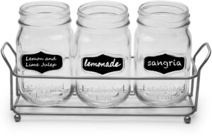 circleware chalkboard mason jar glasses with metal holder stand, set of 4, home & kitchen farmhouse décor drink tumblers for water, beer and beverages, 17 oz, 69075