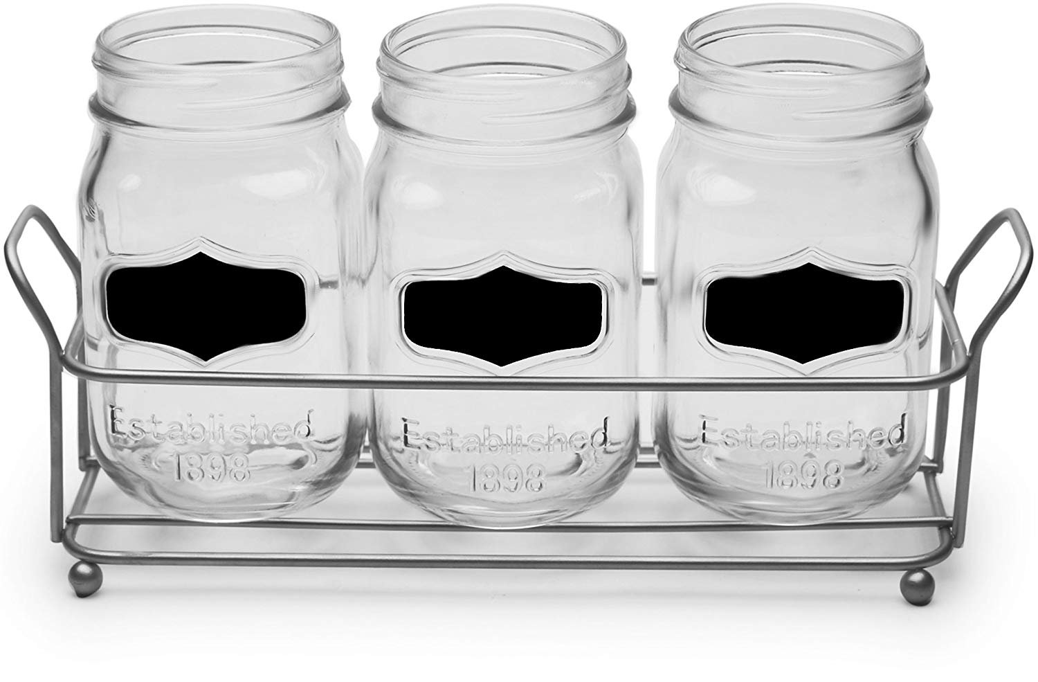 Circleware Chalkboard Mason Jar Glasses with Metal Holder Stand, Set of 4, Home & Kitchen Farmhouse Décor Drink Tumblers for Water, Beer and Beverages, 17 oz, 69075