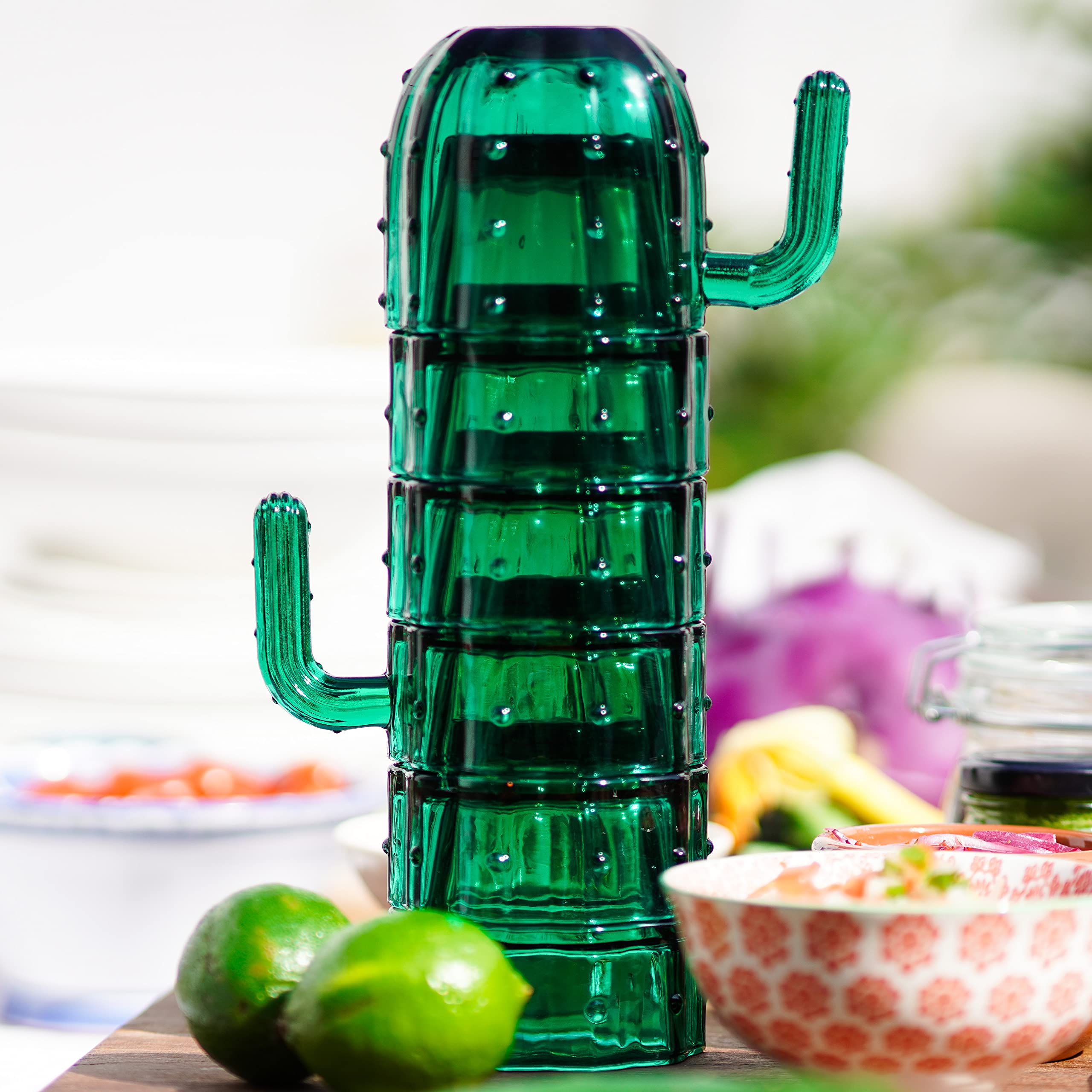 Gökotta Set of 6 | Stacking Cactus Drinking Glasses | Handmade Natural Green Glass | Retro Quirky Gift Present | Dinner Party Cocktail Water Juice Coffee Mugs Cups | 6PCS 250ml