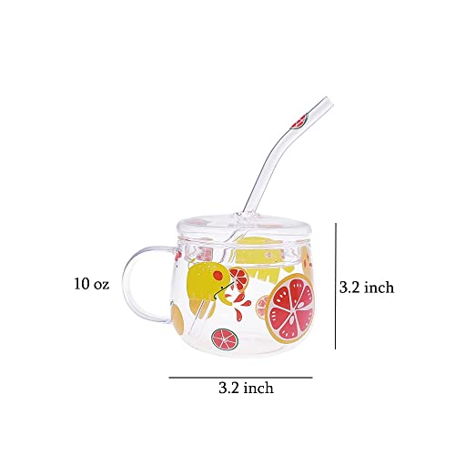 JHNIF 10 Oz Lovely Citrus Lemon Clear Glass Mug with Lid and Straw.