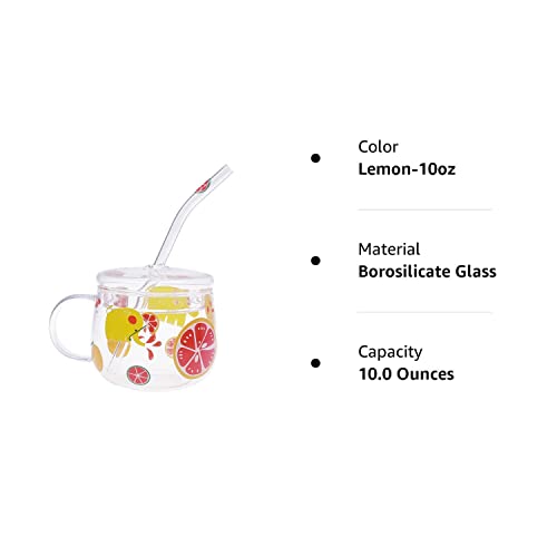 JHNIF 10 Oz Lovely Citrus Lemon Clear Glass Mug with Lid and Straw.