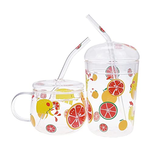 JHNIF 10 Oz Lovely Citrus Lemon Clear Glass Mug with Lid and Straw.