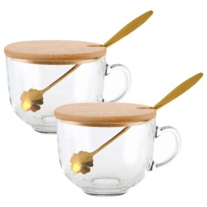 mdluu 16oz coffee mugs with handle, glass cups with bamboo lids & cherry blossom spoons, clear drinking glasses for tea, cereal, yogurt, set of 2