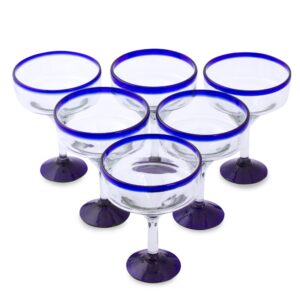 novica - 284619 novica clear blue rim glass eco-friendly margarita glasses, 13 ounces, 'cobalt contrasts' (set of 6)