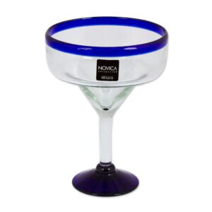 NOVICA - 284619 NOVICA Clear Blue Rim Glass Eco-Friendly Margarita Glasses, 13 Ounces, 'Cobalt Contrasts' (Set Of 6)