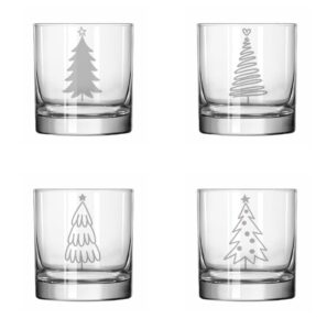 mip set of 4 glass 11 oz rocks whiskey old fashioned stylized christmas trees collection