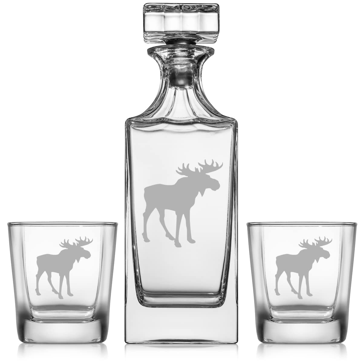 Whiskey Decanter Gift Set With 2 Whiskey Old Fashioned Rocks Glasses Moose