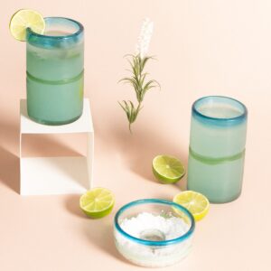 Hand Blown Mexican Drinking Glasses – Large Size – Set of 2 16-Ounce Glasses - Aqua Rim – Thick Handmade Glassware – Traditional Mexican Design – Salt Rimmer Included – Great for Margaritas & More