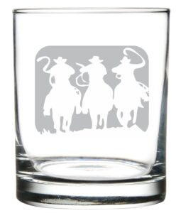 cowboys and horses western laser etched engraved rocks glass, western motif inspired for old west fans, cowboy or cowgirl or horse lover. our 11 oz old fashion whiskey scotch glass is perfect for them