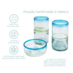 Hand Blown Mexican Drinking Glasses – Large Size – Set of 2 16-Ounce Glasses - Aqua Rim – Thick Handmade Glassware – Traditional Mexican Design – Salt Rimmer Included – Great for Margaritas & More