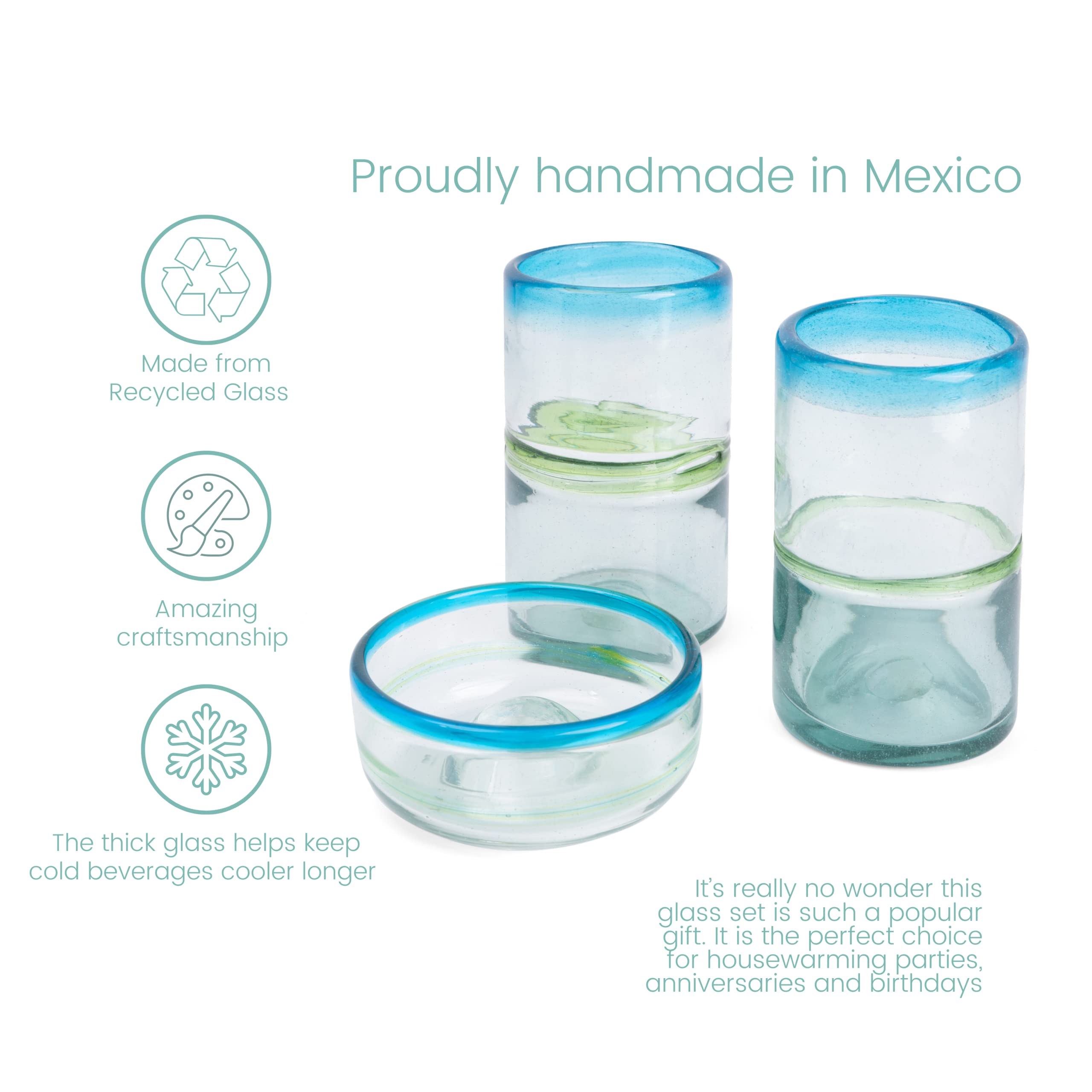 Hand Blown Mexican Drinking Glasses – Large Size – Set of 2 16-Ounce Glasses - Aqua Rim – Thick Handmade Glassware – Traditional Mexican Design – Salt Rimmer Included – Great for Margaritas & More