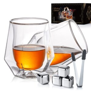 youyah whiskey glasses set of 2 - double walled crystal whisky glasses with 4 stainless steel ice cubes & tong,rocks glass,gifts for men,lowball bar glass for brandy,cocktail,vodka,bourbon(6.7oz)