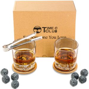 m time c club whiskey stones and whiskey glass gift set, 8 granite chilling rocks with 2 crystal glasses 10.6oz, 2 slate coasters and metal tongs, reusable ice cubes for drinks, bourbon gifts for men