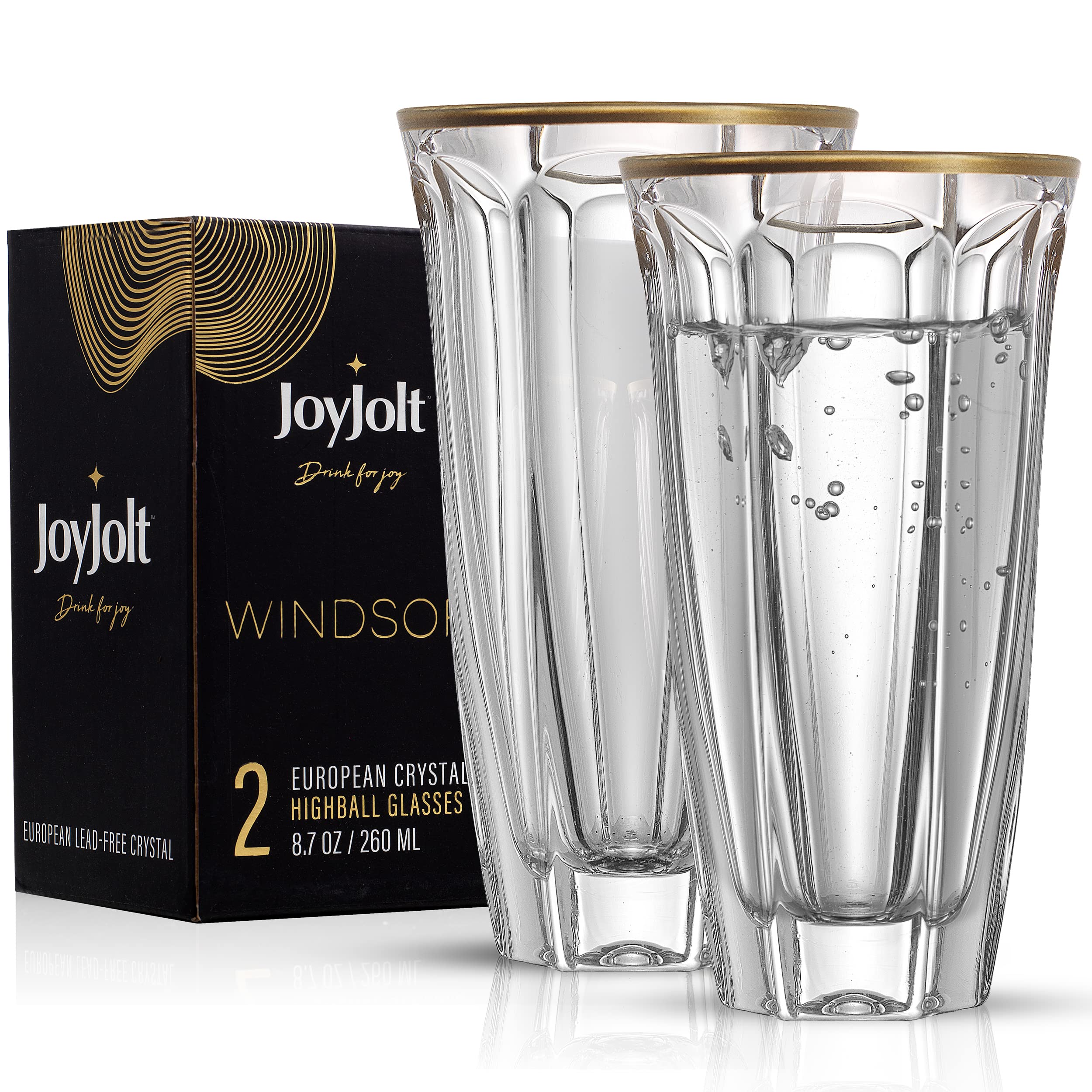 JoyJolt Windsor Gold Rim Highball Glasses Set of 2 Crystal Bar Glasses, 8.7oz Drink Glasses. Highball Glass Set made in Europe. Cocktail Glasses, Tall Glass Tumbler Cup, Water Drinking Glasses…