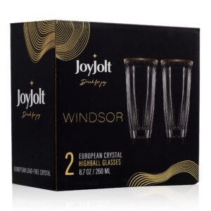 JoyJolt Windsor Gold Rim Highball Glasses Set of 2 Crystal Bar Glasses, 8.7oz Drink Glasses. Highball Glass Set made in Europe. Cocktail Glasses, Tall Glass Tumbler Cup, Water Drinking Glasses…