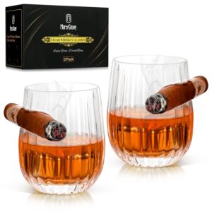 mortygrove cigar whiskey glasses with cigar holder-set of 2,old fashioned whiskey glass with indented cigar rest crystal whiskey glasses gift, gifts for men(12oz)