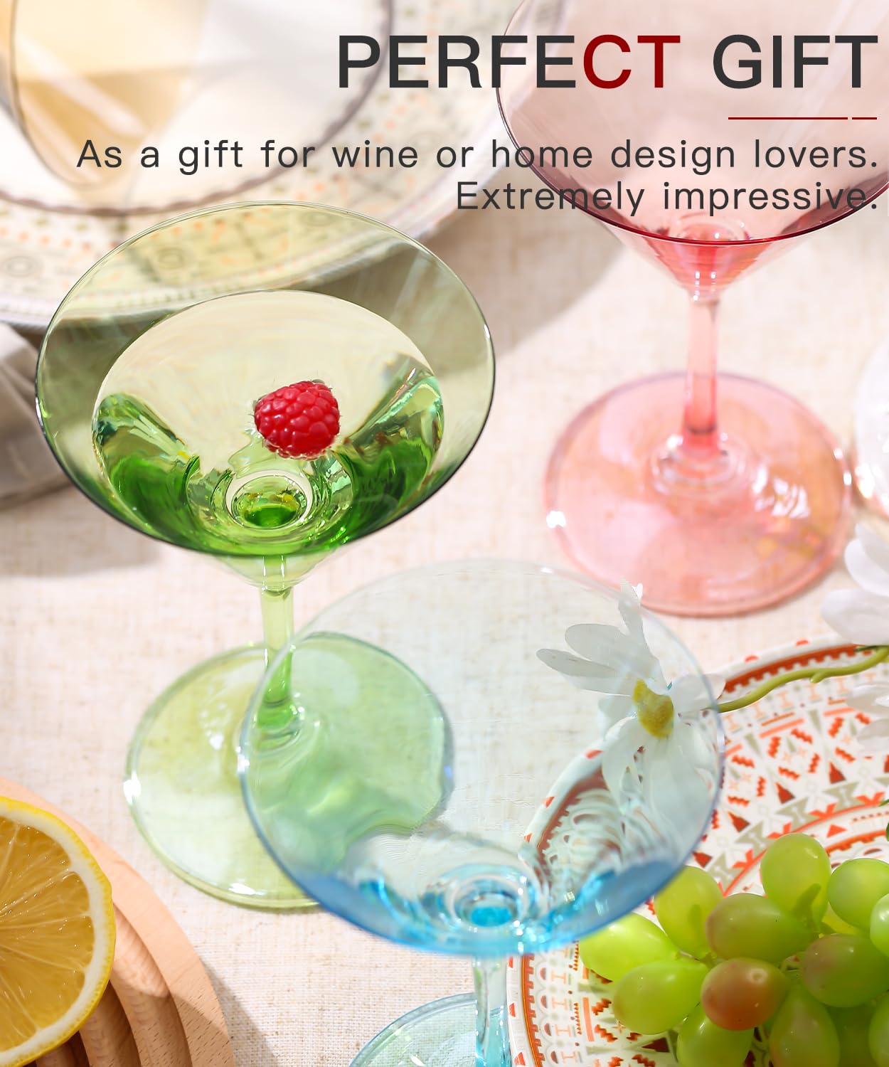 Physkoa Valentine's Day Gifts-Colored Martini Glasses Set | 7oz | Hand Blown Crystal Martini Glasses | Art Deco Cocktail Glasses Set | Versatile Tall Cocktail Glasses | Colorful Cocktail Glass