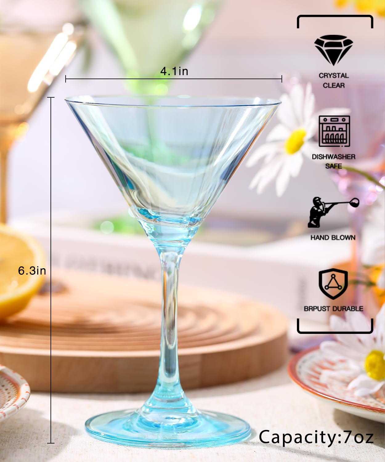 Physkoa Valentine's Day Gifts-Colored Martini Glasses Set | 7oz | Hand Blown Crystal Martini Glasses | Art Deco Cocktail Glasses Set | Versatile Tall Cocktail Glasses | Colorful Cocktail Glass