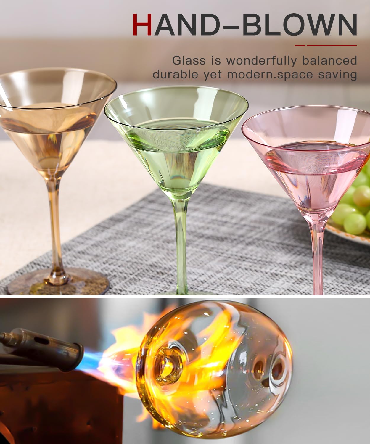 Physkoa Valentine's Day Gifts-Colored Martini Glasses Set | 7oz | Hand Blown Crystal Martini Glasses | Art Deco Cocktail Glasses Set | Versatile Tall Cocktail Glasses | Colorful Cocktail Glass