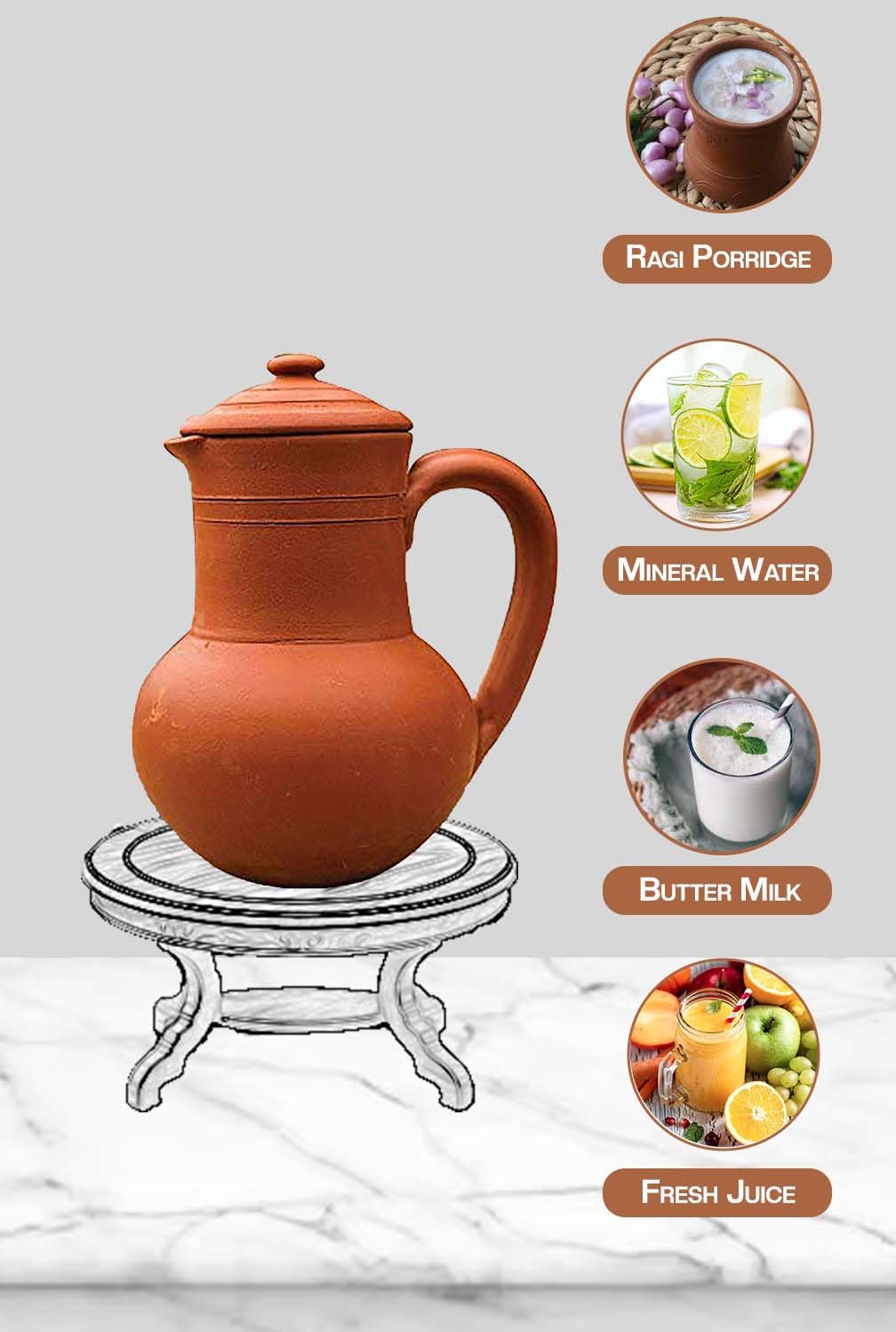 Village Decor Handmade Clay Water Jug With Lid | Carafes Pitcher Capacity 67 oz 2000 ml.