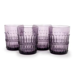 american atelier vintage old fashion whiskey glasses, 10 oz, romantic water tumblers, barware glasses for scotch, bourbon, or cocktails, embossed purple beaded glasses-set of 4