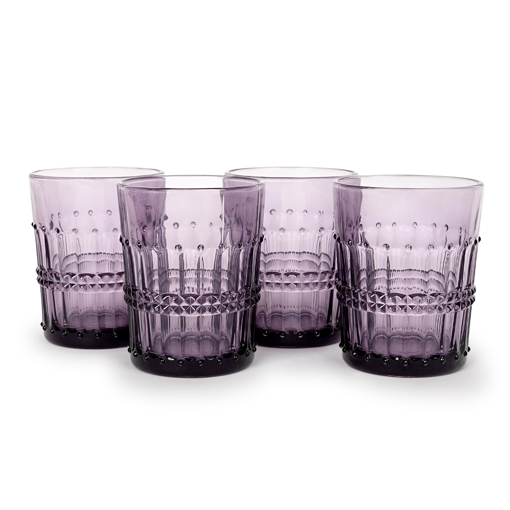 American Atelier Vintage Old Fashion Whiskey Glasses, 10 Oz, Romantic Water Tumblers, Barware Glasses for Scotch, Bourbon, or Cocktails, Embossed Purple Beaded Glasses-Set of 4