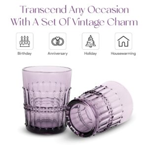 American Atelier Vintage Old Fashion Whiskey Glasses, 10 Oz, Romantic Water Tumblers, Barware Glasses for Scotch, Bourbon, or Cocktails, Embossed Purple Beaded Glasses-Set of 4