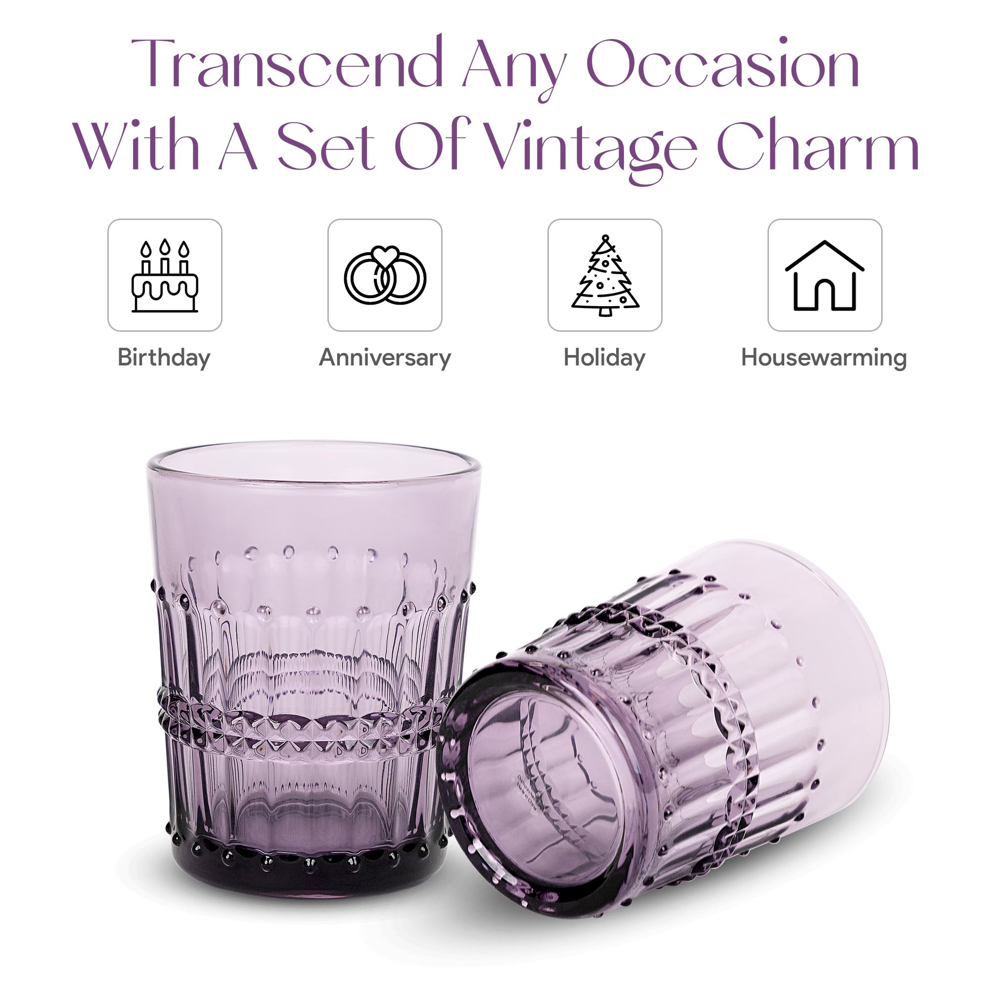 American Atelier Vintage Old Fashion Whiskey Glasses, 10 Oz, Romantic Water Tumblers, Barware Glasses for Scotch, Bourbon, or Cocktails, Embossed Purple Beaded Glasses-Set of 4