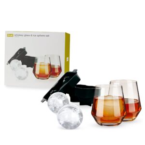 true whiskey glass & ice sphere set, 2 whiskey tumblers, 1 ice sphere mold, bourbon glass set, cool gadgets for men, ice mold, rocks glasses, cocktail set