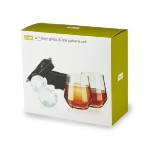 True Whiskey Glass & Ice Sphere Set, 2 Whiskey Tumblers, 1 Ice Sphere Mold, Bourbon Glass Set, cool gadgets for men, ice mold, rocks glasses, cocktail set