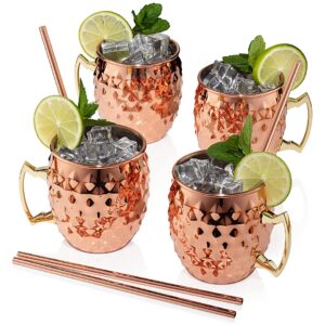 copper mugs moscow mule set of 4 - 18oz moscow mule mugs - stainless steel lining pure copper plated moscow mule cups - diamond hammered design - moscow mule cups set of 4 with straws and straw brush