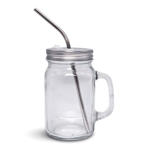 home suave 20oz mason jar mug with handle, regular mouth, lid with reusable stainless steel straw, silver, kitchen glass 20 oz jars, dishwasher safe