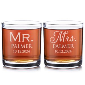 lifetime creations pair (2) engraved personalized mr. & mrs. whiskey glasses 10.5 oz - old fashioned rocks glass wedding gift for bride & groom, newlywed engagement gift, dishwasher safe