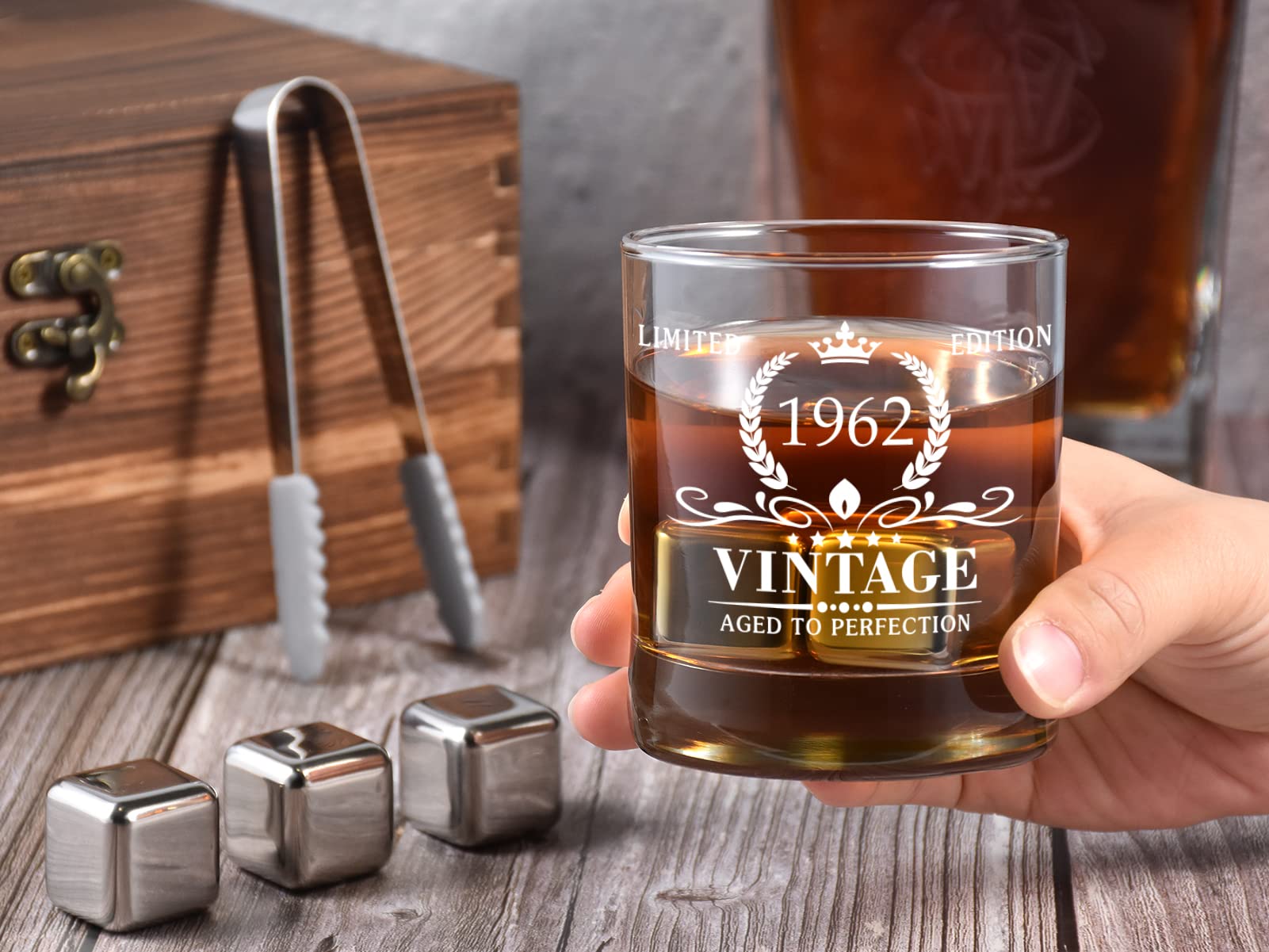 62nd Birthday Gifts for Men, Vintage 1962 Whiskey Glass and Stones Gift Set of 2, Funny 62 Birthday Gift for Dad Husband Brother, 62 Birthday Present Ideas for Him, 62 Year Old Bday Decorations