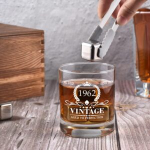 62nd Birthday Gifts for Men, Vintage 1962 Whiskey Glass and Stones Gift Set of 2, Funny 62 Birthday Gift for Dad Husband Brother, 62 Birthday Present Ideas for Him, 62 Year Old Bday Decorations