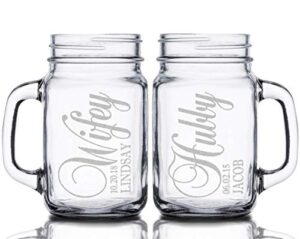 hubby and wifey set of 2 personalized mason jars drinking mugs personalized custom etched for wedding, engagement anniversary bridal party gift of favor for newlyweds couple laser engraved