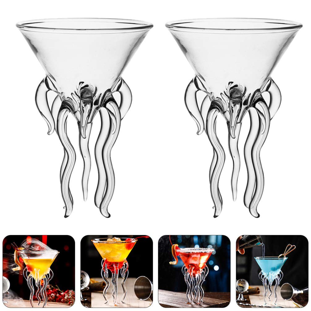 DOITOOL 2pcs Octopus Cocktail Glass Martini Jellyfish Glass Wine Glasses Drinkware Bar Goblet Tools Tumbler Gift for Whiskey Home Party Banquet Wedding Transparent