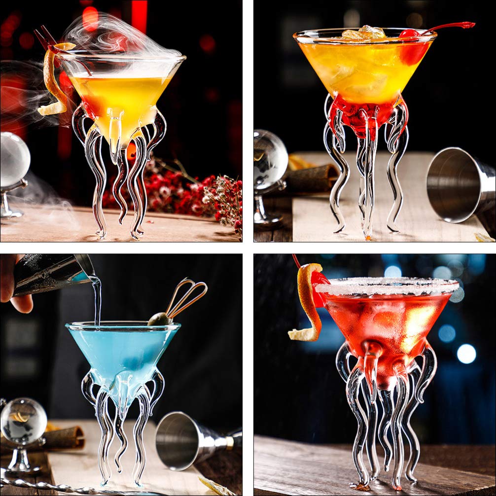 DOITOOL 2pcs Octopus Cocktail Glass Martini Jellyfish Glass Wine Glasses Drinkware Bar Goblet Tools Tumbler Gift for Whiskey Home Party Banquet Wedding Transparent