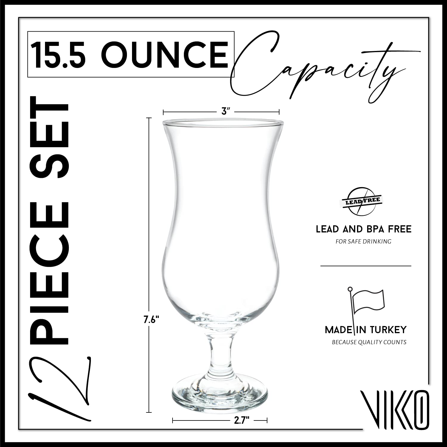 Vikko Hurricane Glasses, Set of 12 Pina Colada Glasses, 15.5 Ounce Cocktails Glasses Set, Durable Dishwasher Safe Party Glass
