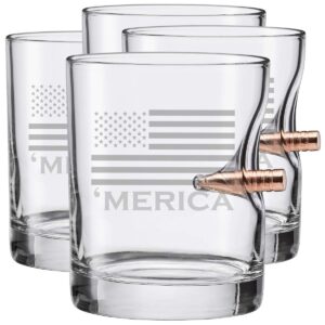 BenShot 'Merica Rocks Glass with Real .308 Bullet - 11oz | Made in the USA [Set of 4]