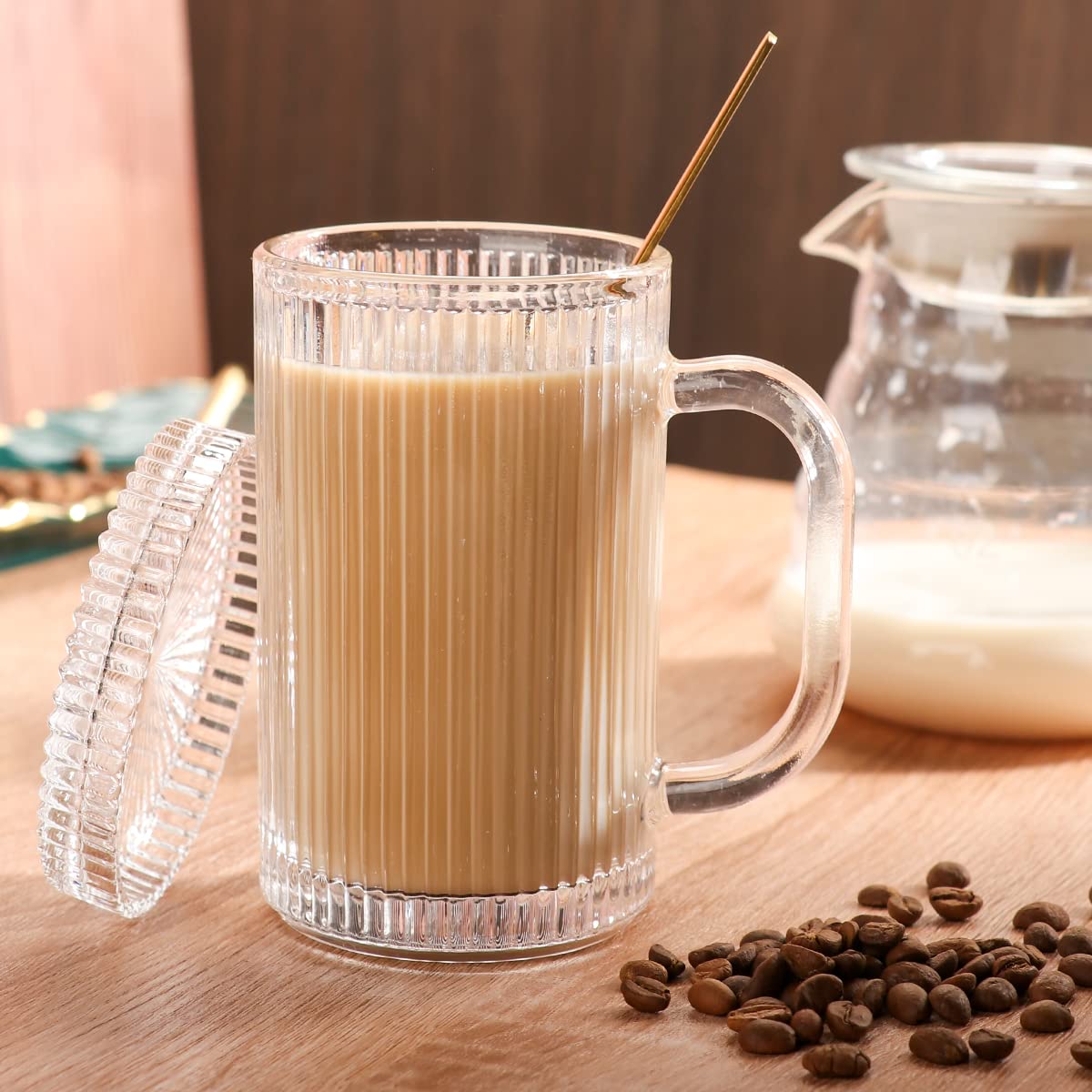 Swetwiny Clear Glass Coffee Mugs, 13oz Classic Vertical Stripes Tea Mug, Ribbed Mugs with Lid and Spoon for Espresso, Latte, Gift for Anniversary Christmas Birthday (Clear, Glass)