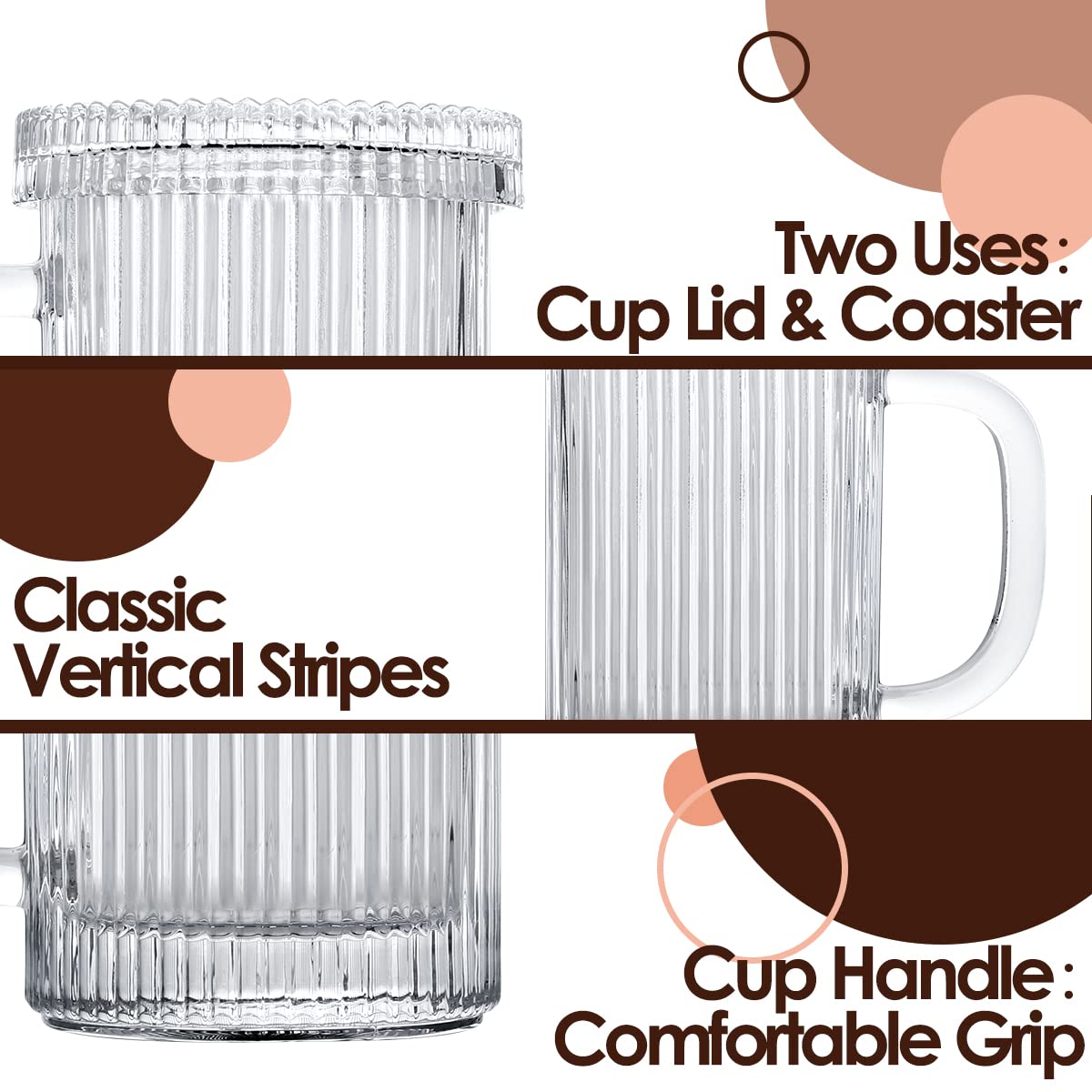 Swetwiny Clear Glass Coffee Mugs, 13oz Classic Vertical Stripes Tea Mug, Ribbed Mugs with Lid and Spoon for Espresso, Latte, Gift for Anniversary Christmas Birthday (Clear, Glass)