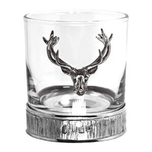 english pewter company 11oz old fashioned whisky rocks glass with stag deer head antler and pewter base [stag203]