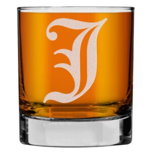 etched monogram 11oz rocks old fashioned lowball glass for whiskey scotch bourbon (letter j) a-z personalized whiskey glasses, engraved whiskey glasses, custom initial monogrammed gifts for men him